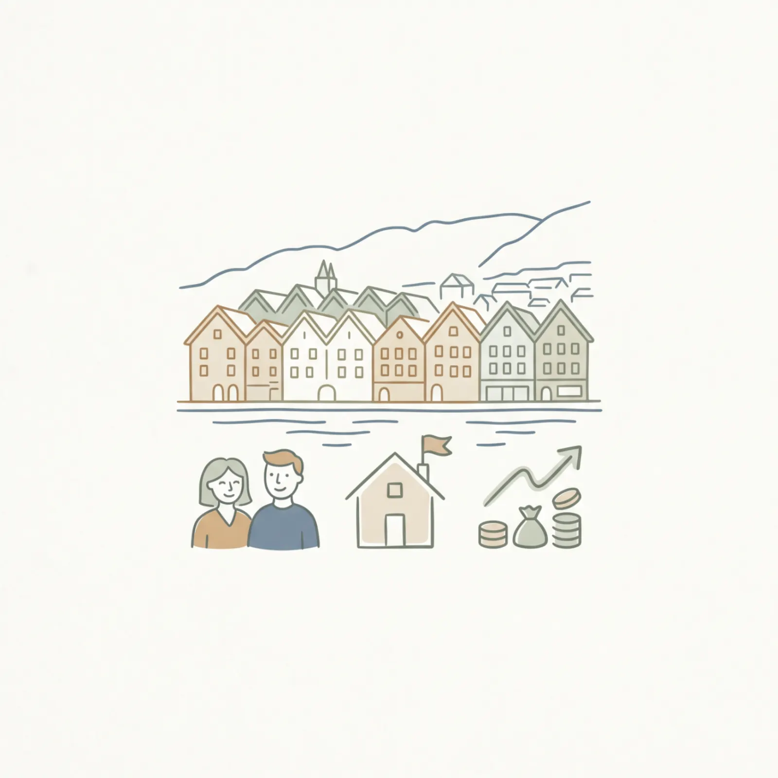 Illustrasjon av Bryggen i Bergen med par, hus og stigende graf som symboliserer eiendomssalg