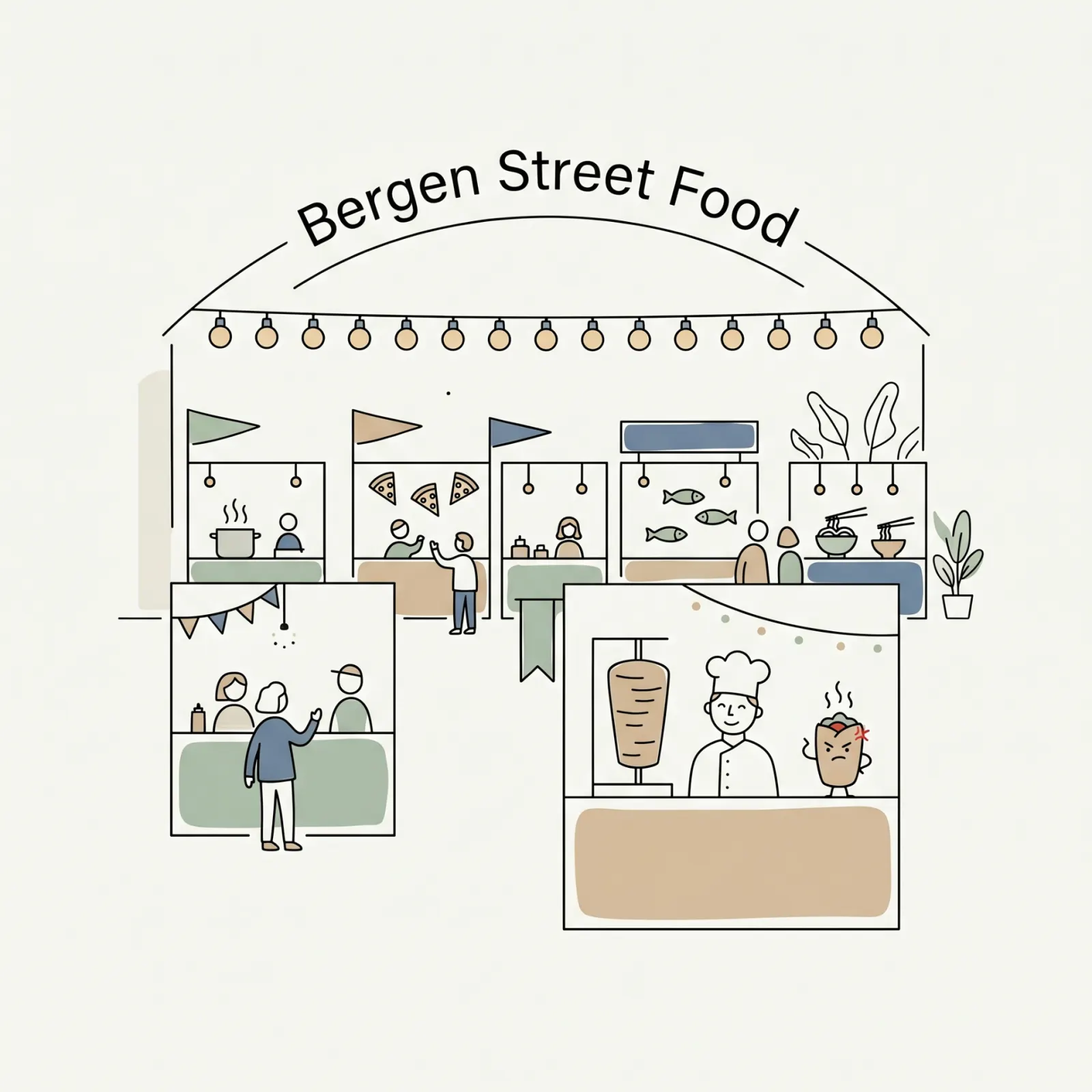 Illustrasjon av Bergen Street Food med 13 matboder, lyslenker og en hissig döner-bod