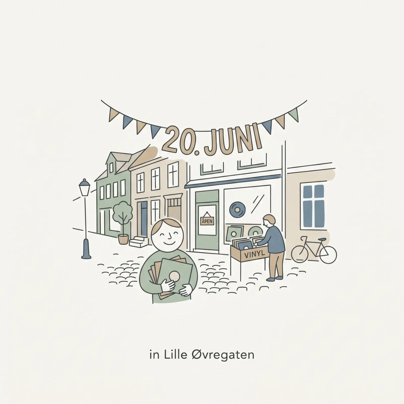 Illustrasjon av platebutikk i Lille Øvregaten med vinyl og flagg som markerer åpning 20. juni